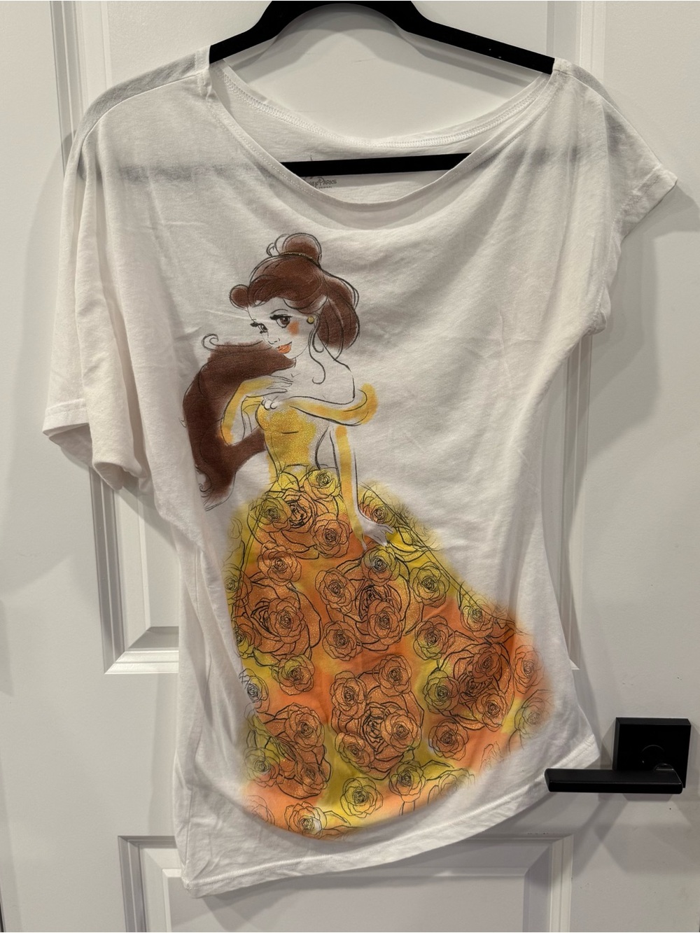 Disney White Asymmetrical Belle Rose Tee